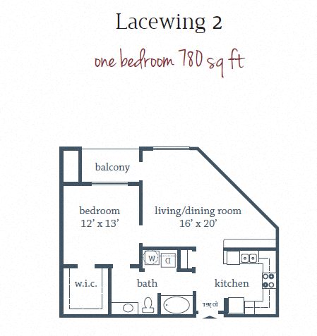 Floor plan for 1 bed, 1 bath, 780 sqft